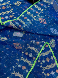 Sea blue dhakai jamdani saree with golden silver & copper jori work soft count.