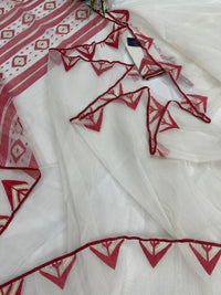 White Jamdani Saree With Red Paar.
