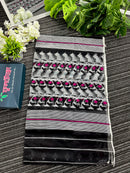 Black cotton jamdani saree with white threads and pink meena work