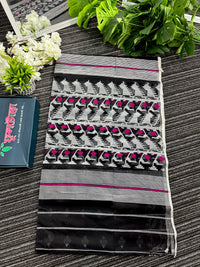 Black cotton jamdani saree with white threads and pink meena work