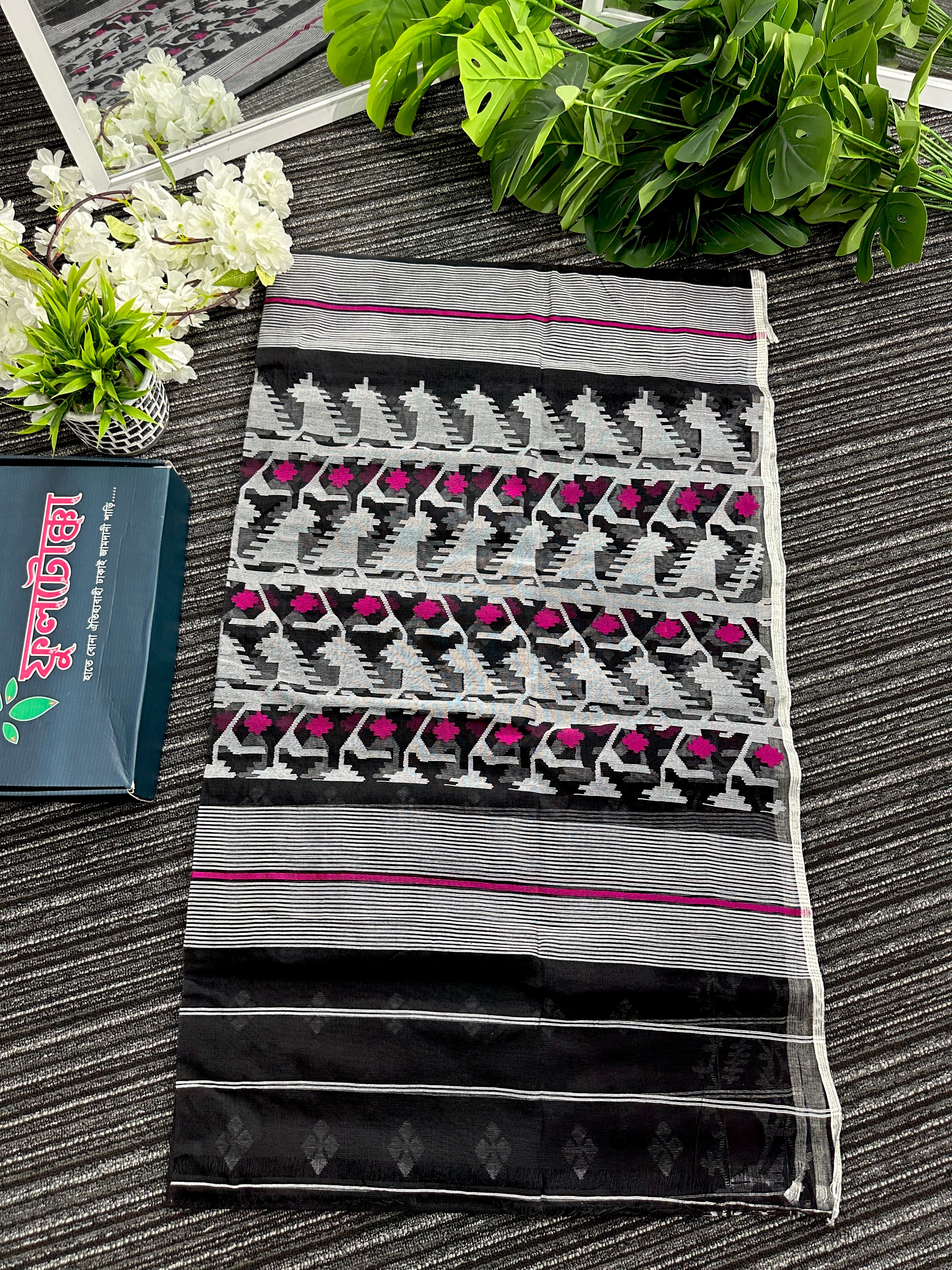 Black cotton jamdani saree with white threads and pink meena work