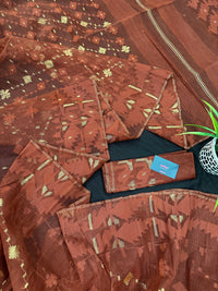 Mehendi brown jamdani saree with golden work.