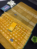 Yellow Original Handloom Dhakai Jamdani With Golden Silver & Copper Jori Work