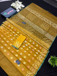 Yellow Original Handloom Dhakai Jamdani With Golden Silver & Copper Jori Work