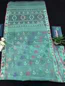 Bright Teal Blue dhakai Jamdani saree with pink border all over work soft count.