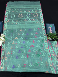 Bright Teal Blue dhakai Jamdani saree with pink border all over work soft count.