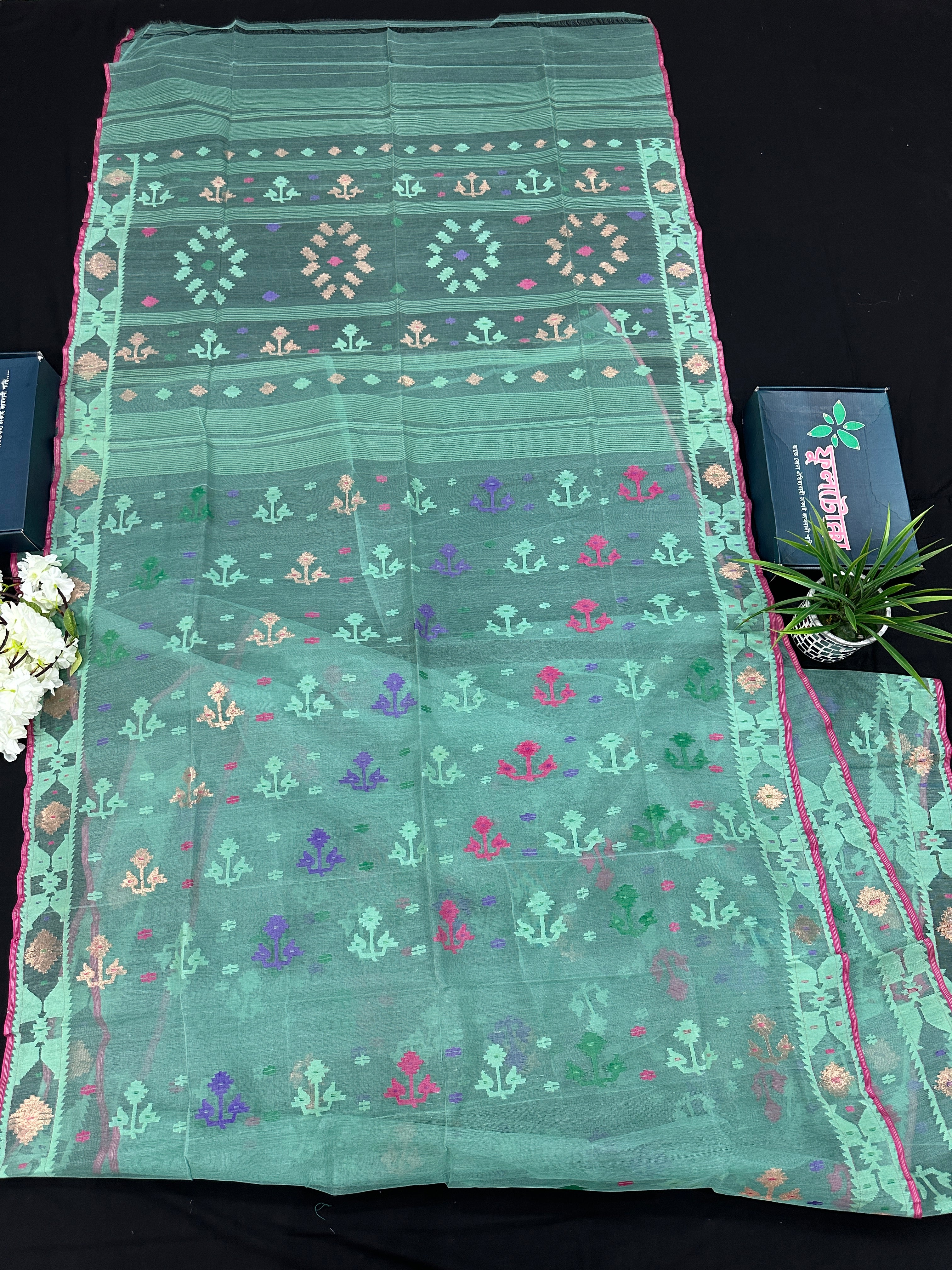 Bright Teal Blue dhakai Jamdani saree with pink border all over work soft count.