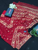 Red jamdani saree with golden jori all over work with blouse piece.