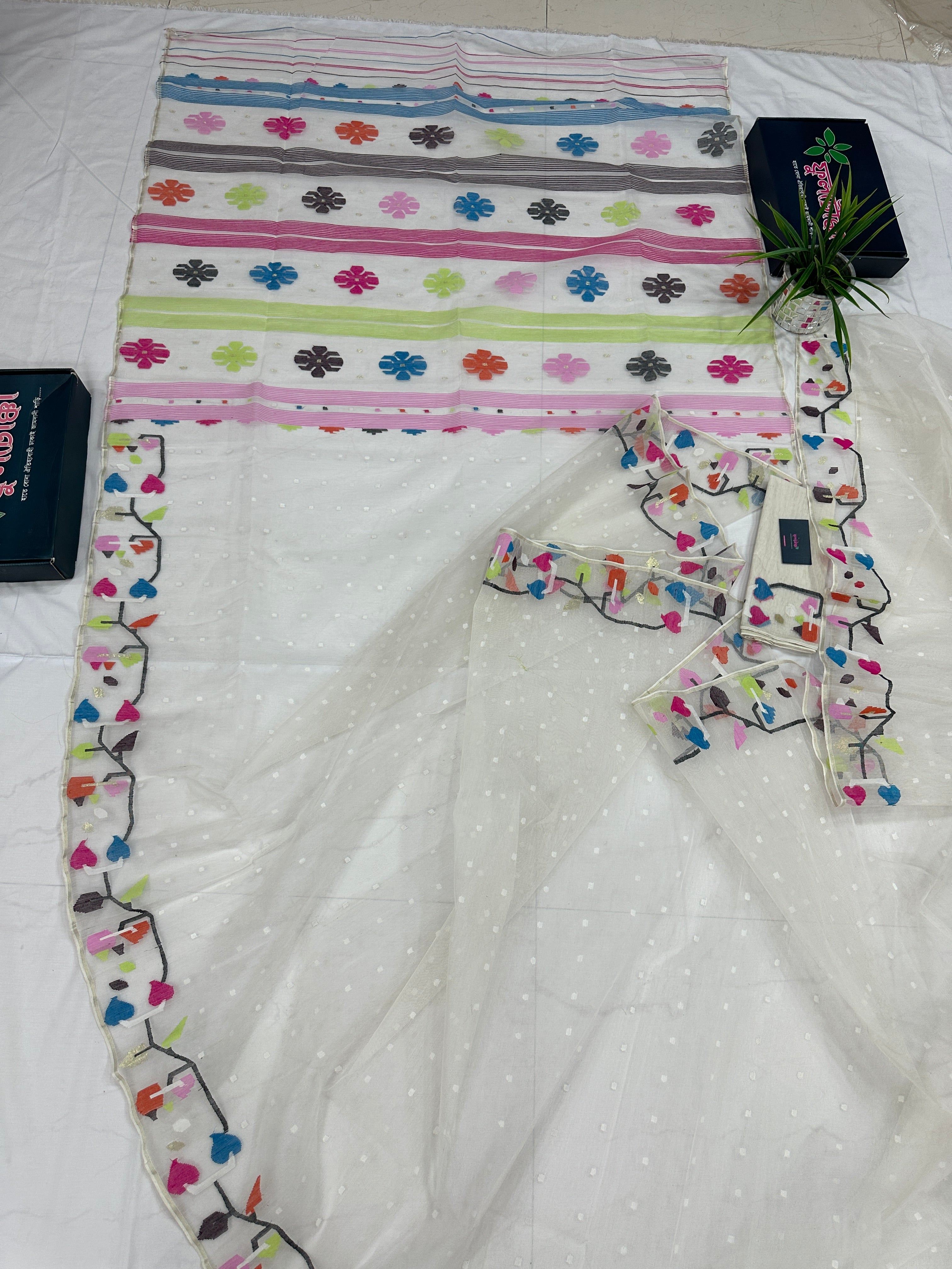 White Jamdani Saree With Multiple Threads Work.
