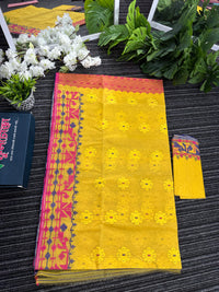 Yellow gonga jamuna design halfsilk jamdani saree with multiple colour threads work