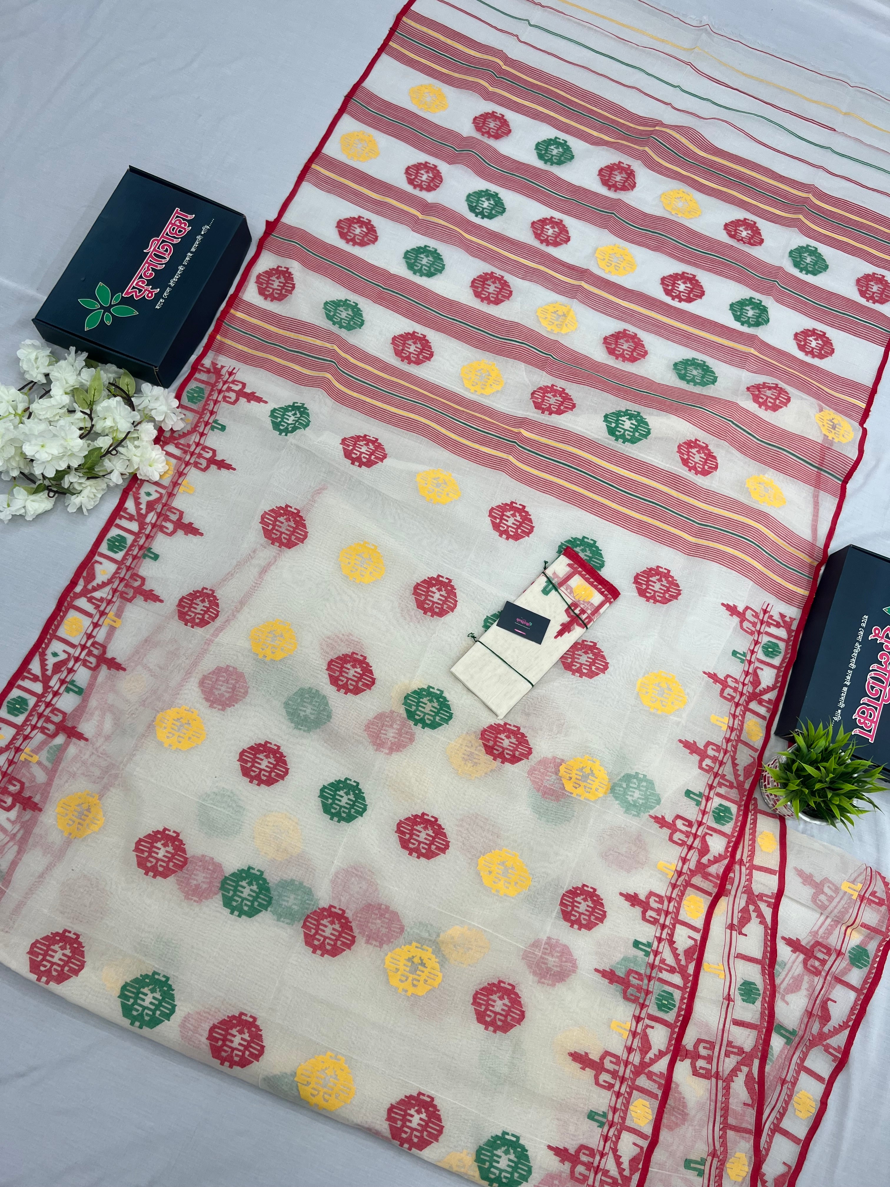 White multi cotton jamdani saree