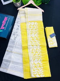 Yellow Colour Original Handloom Halfsilk Dhakai Jamdani With White Threads Work