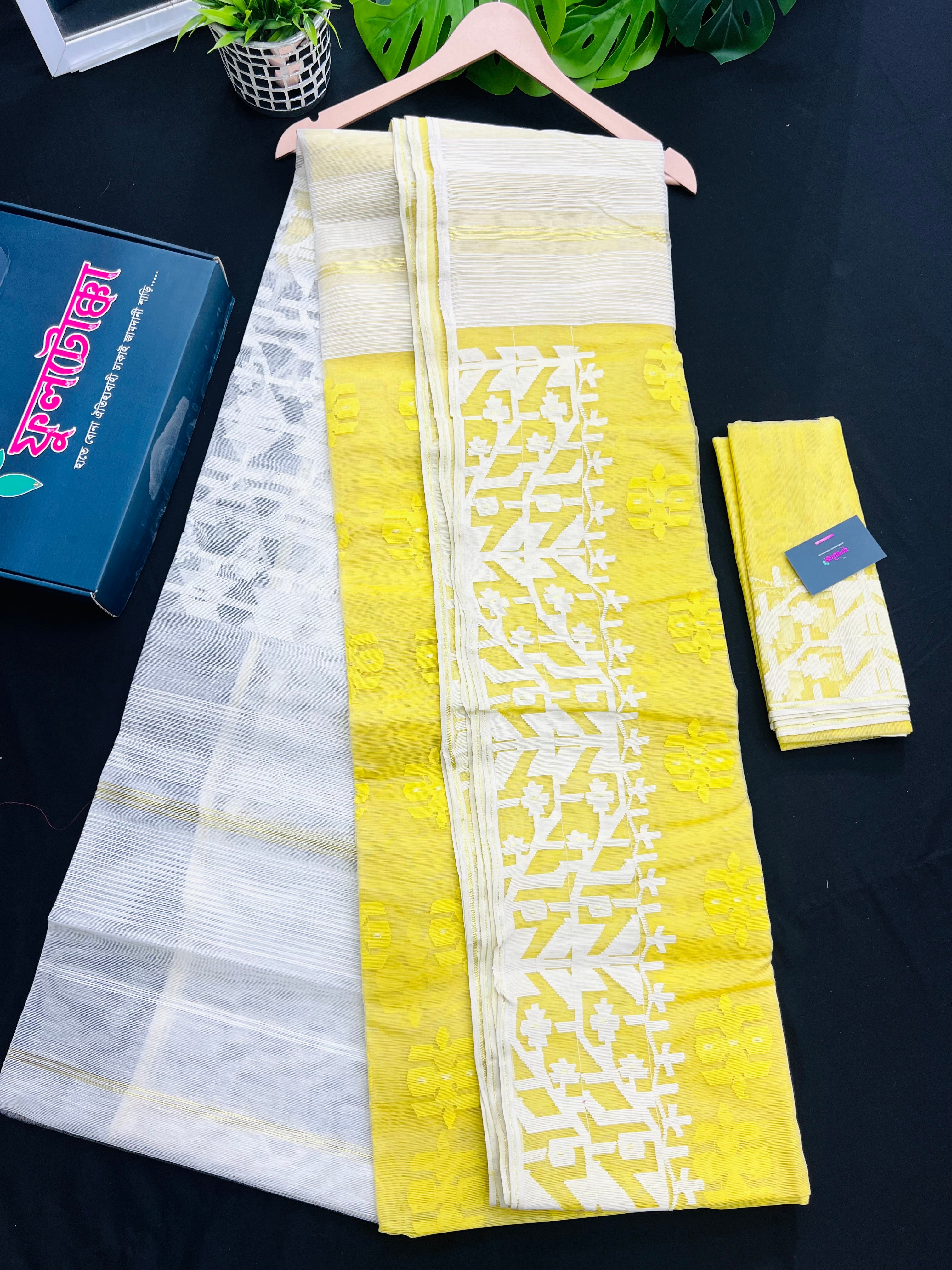 Yellow Colour Original Handloom Halfsilk Dhakai Jamdani With White Threads Work