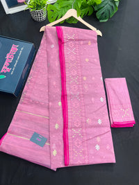 Pink colour handloom halfsilk original dhakai jamdani saree with golde jori work & self threads work