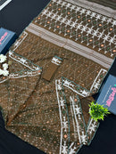 Mehendi Brown Original Handloom Halfsilk Dhakai Jamdani Sarww With Silver Jori Work & Orange Threads Work