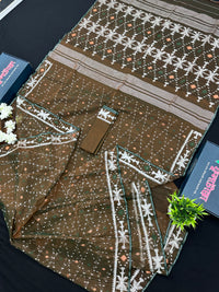 Mehendi Brown Original Handloom Halfsilk Dhakai Jamdani Sarww With Silver Jori Work & Orange Threads Work