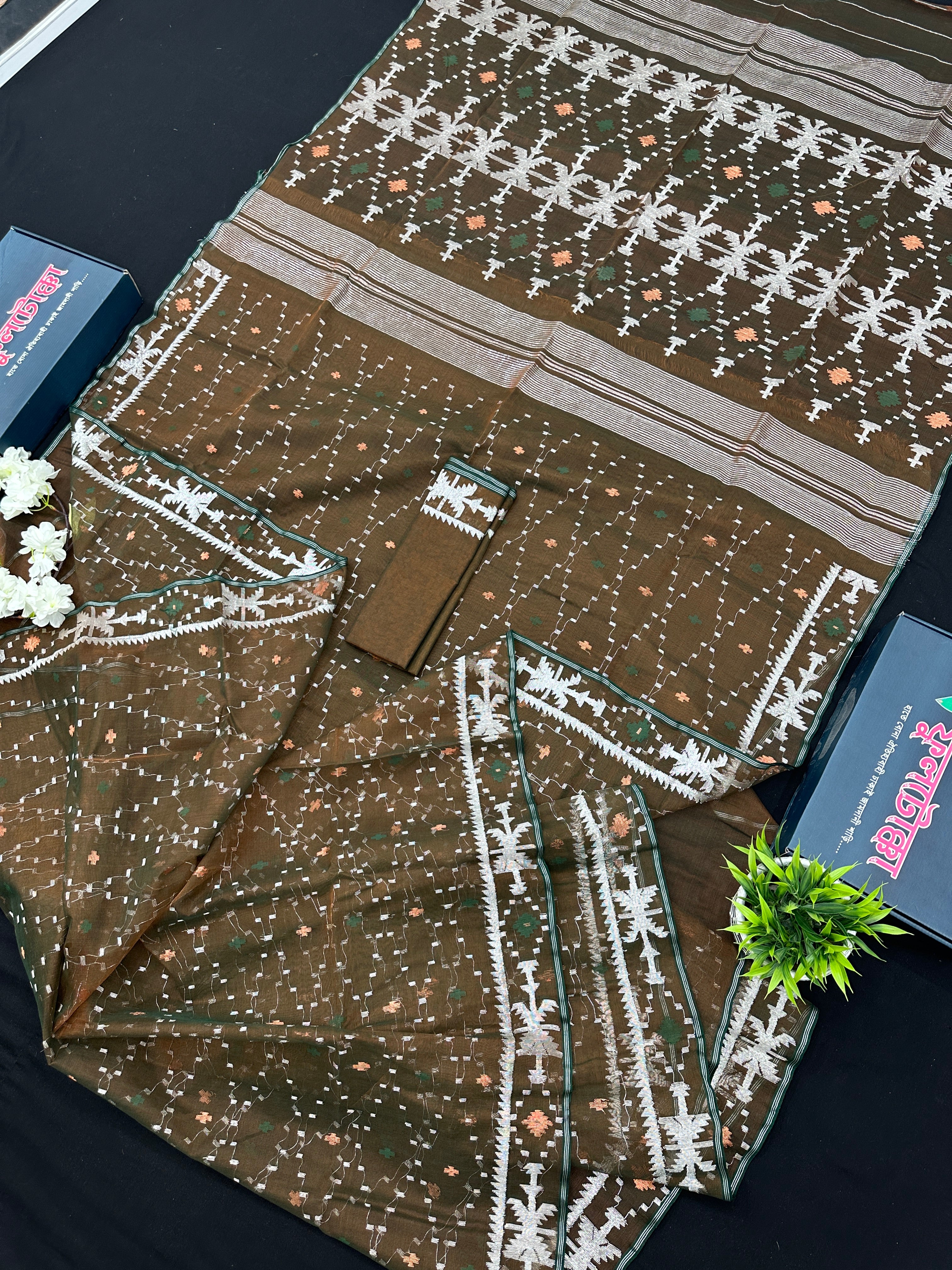 Mehendi Brown Original Handloom Halfsilk Dhakai Jamdani Sarww With Silver Jori Work & Orange Threads Work