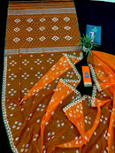 Orange soft jamdani saree with silver jori work & green border.