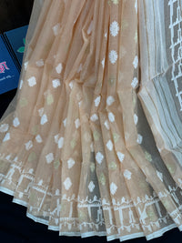 Pearl white cotton jamdani saree with white threads work & blouse piece