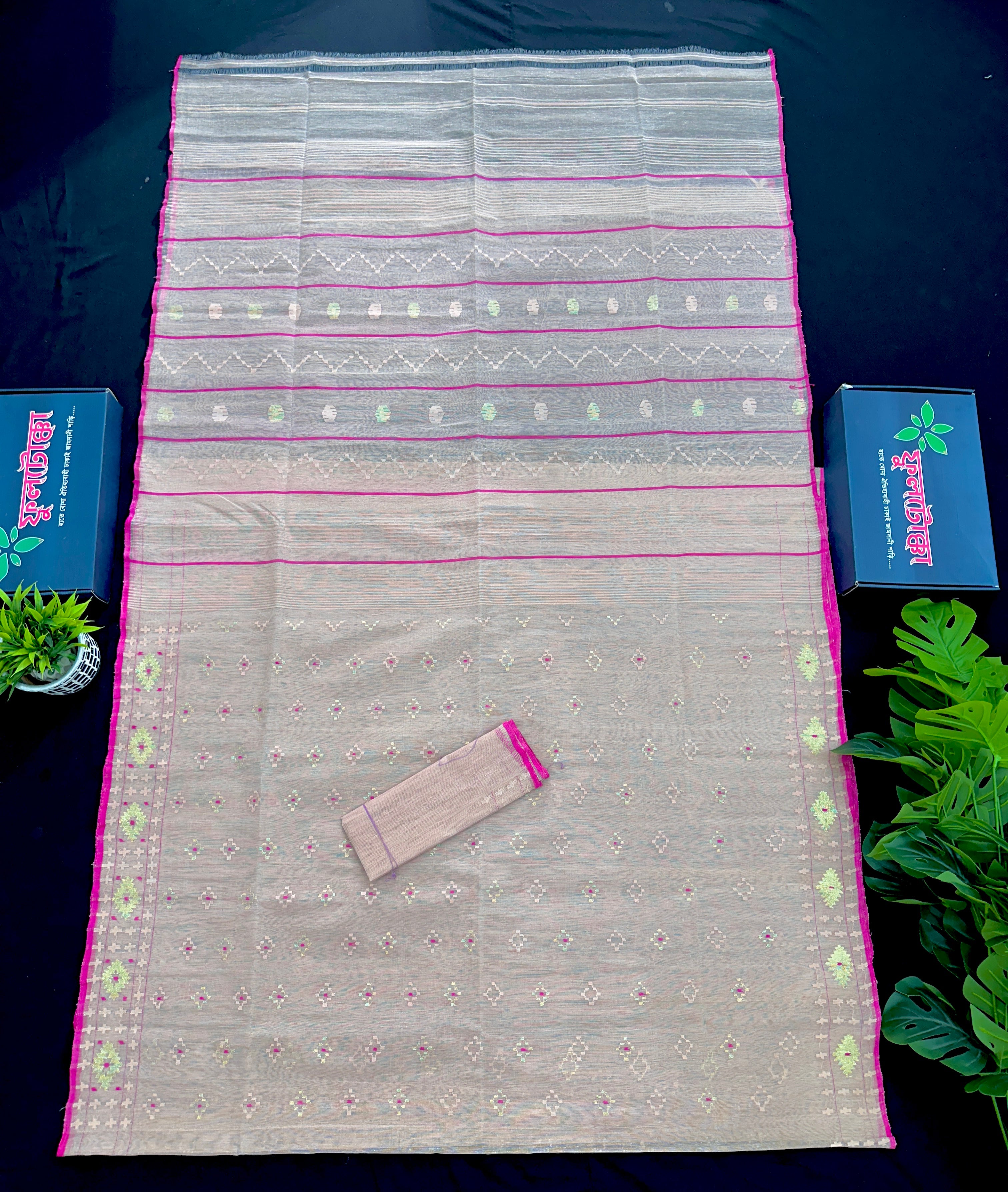 Soft pink halfsilk jamdani saree with golden jori work and pink meena work