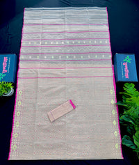 Soft pink halfsilk jamdani saree with golden jori work and pink meena work