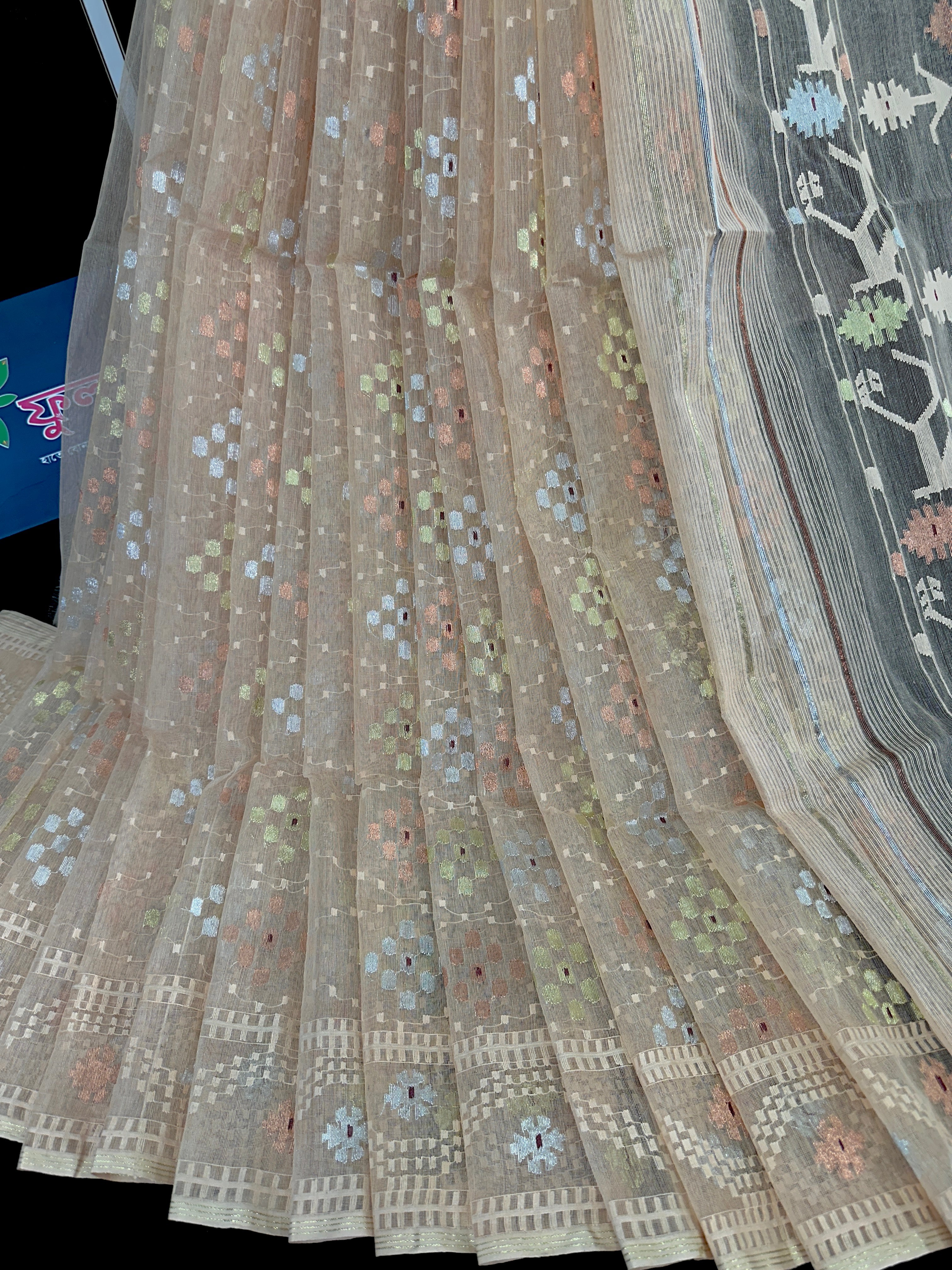 Pearl golden exclusive halfsilk jamdani saree with golden silver & copper jori work