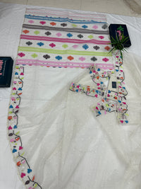 White Jamdani Saree With Multiple Threads Work.