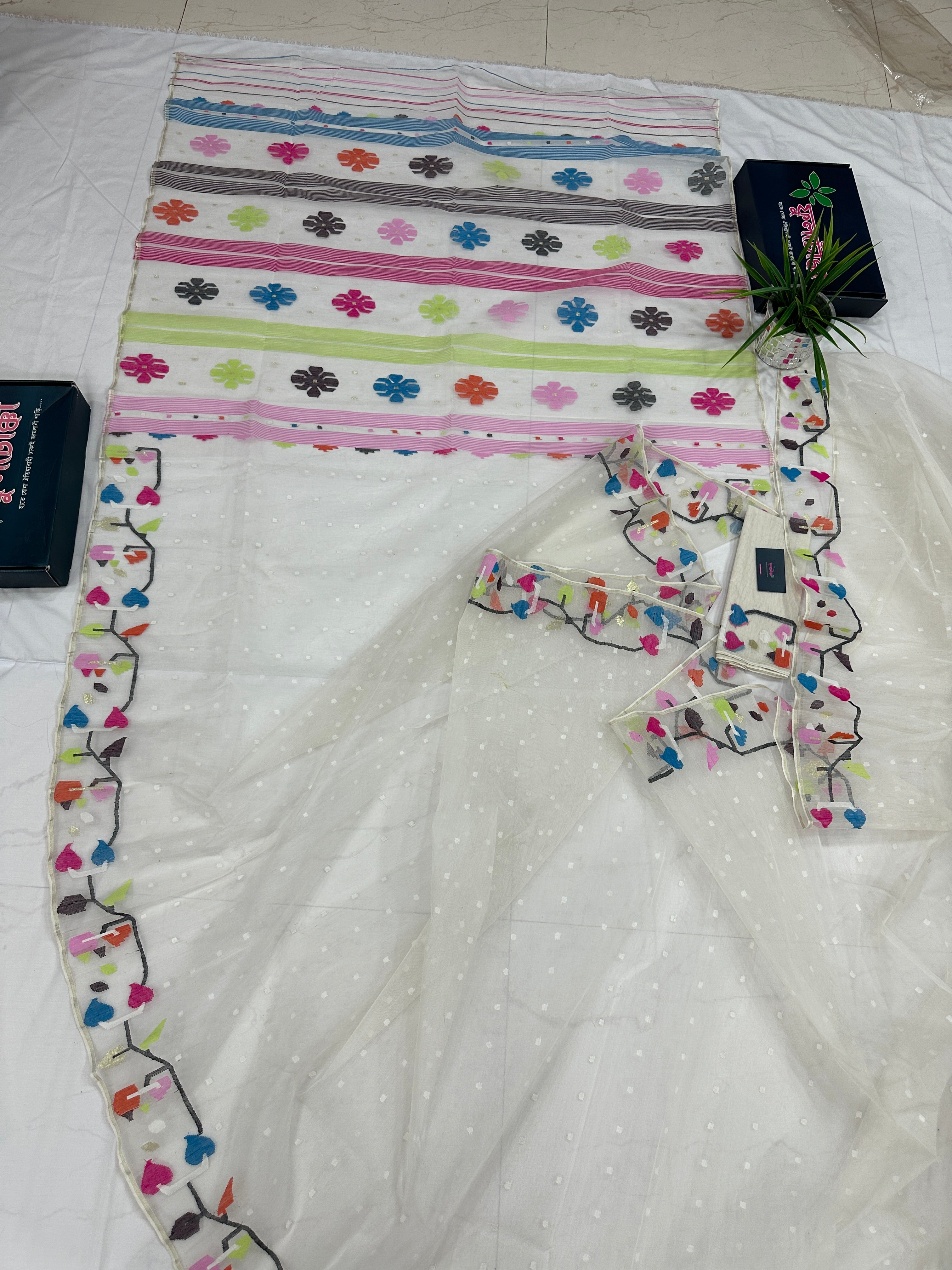 White Jamdani Saree With Multiple Threads Work.