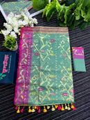 Green exclusive gonga jamuna paar halfsilk jamdani saree with golden jori work and pink meena work