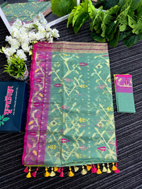 Green exclusive gonga jamuna paar halfsilk jamdani saree with golden jori work and pink meena work