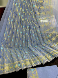 Surma colour halfsilk jamdani saree with golden jori work and blue threads work