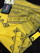 Yellow cotton jamdani sari with simple paar.