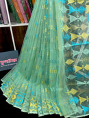 Pastel blue halfsilk jamdani saree with sky jori work and yellow threads work