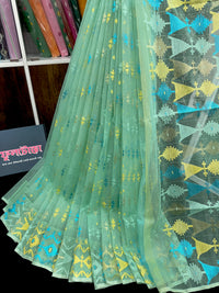 Pastel blue halfsilk jamdani saree with sky jori work and yellow threads work
