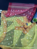 Green & Orange Colour Original Handloom Halfsilk Dhakai Jamdani With Golden Silver & Copper Jori Work