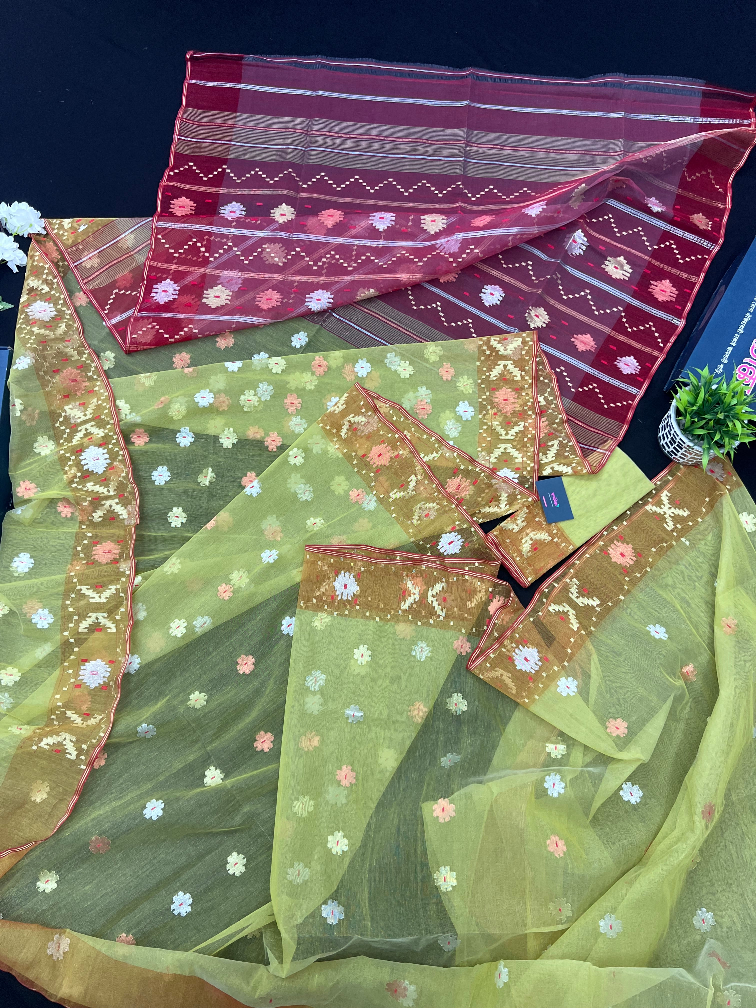 Green & Orange Colour Original Handloom Halfsilk Dhakai Jamdani With Golden Silver & Copper Jori Work