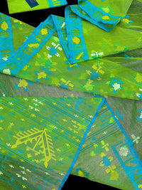 Parrot green jamdani saree with multi colour work with blue Paar.