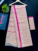 Soft pink halfsilk jamdani saree with golden jori work and pink meena work