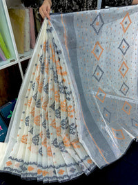 White cotton jamdani saree with orange black floral threads work