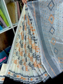 White cotton jamdani saree with orange black floral threads work