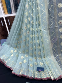 Powder Blue Original Handloom Hslfsilk Dhakai Jamdani With Golden Jori Work