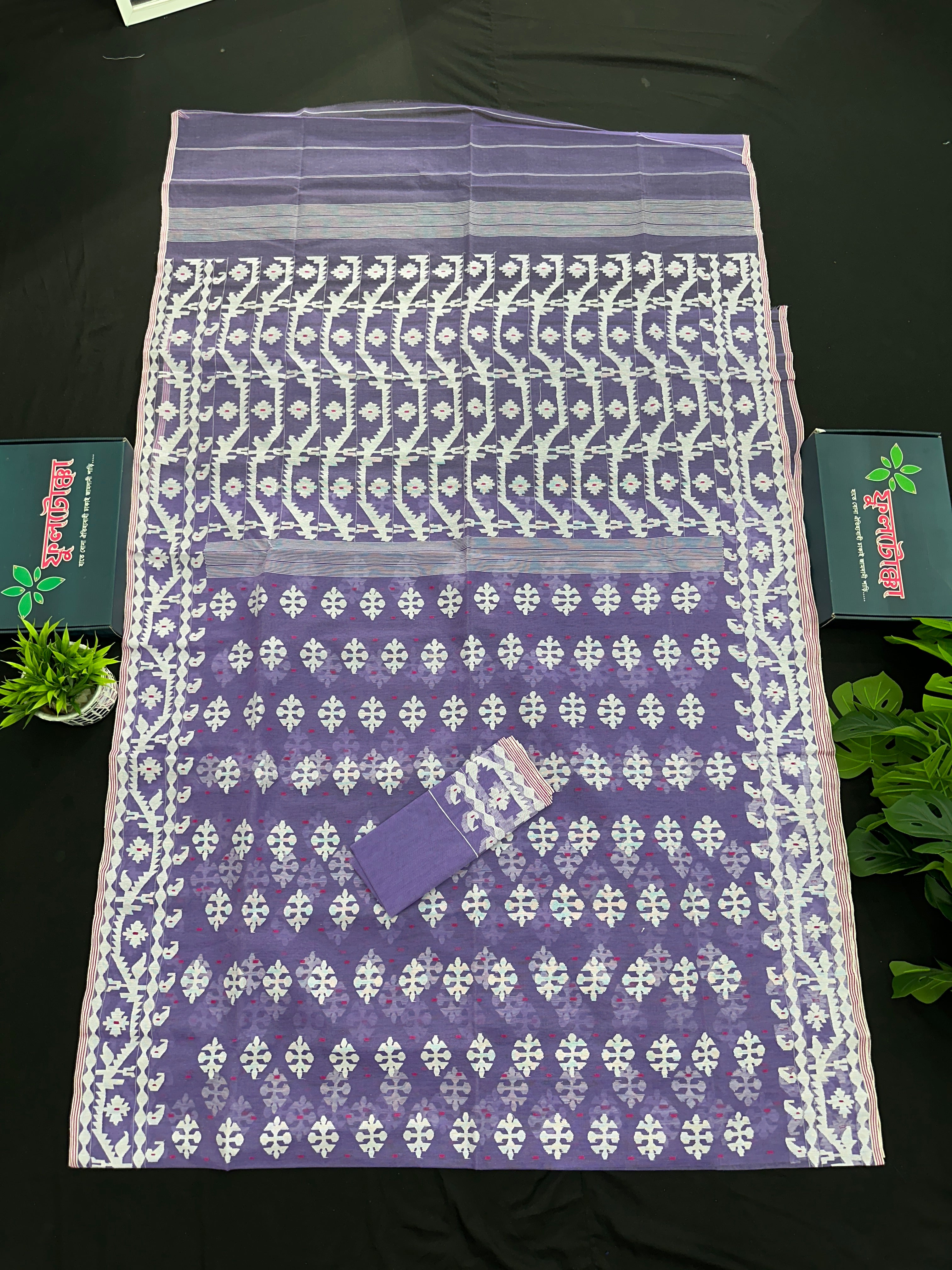 Lavendar halfsilk jamdani saree with white threads work and magenta meena work