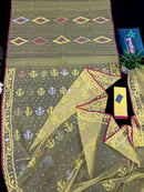 Pastel yellow dhakai jamdani saree with yellow threads silver & copper jori work all over work soft count.