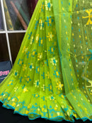 Lamon Green Original  Handloom Halfsilk Dhakai Jamdani Saree With Multiple Threads Work