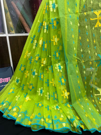 Lamon Green Original  Handloom Halfsilk Dhakai Jamdani Saree With Multiple Threads Work