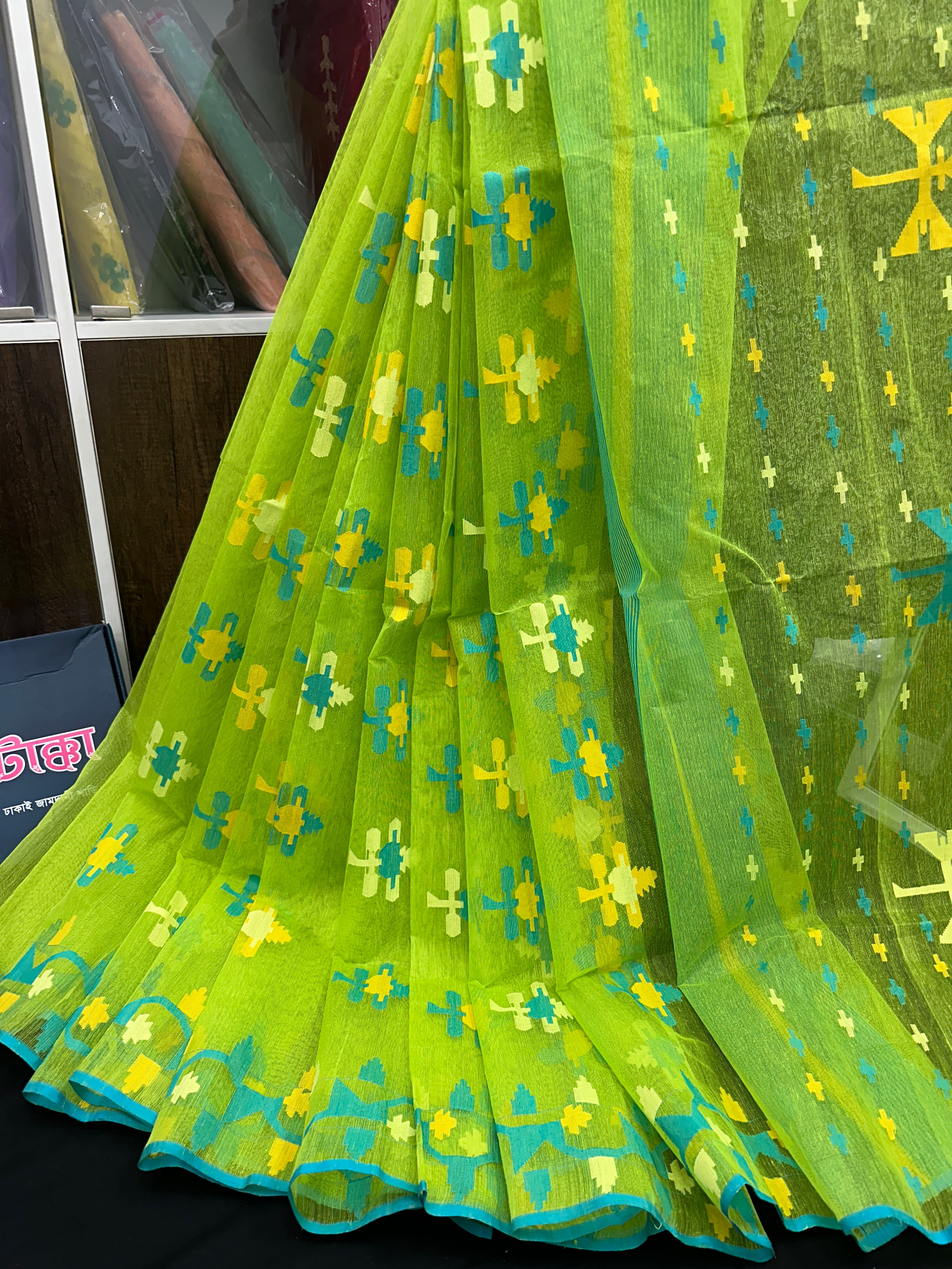 Lamon Green Original  Handloom Halfsilk Dhakai Jamdani Saree With Multiple Threads Work