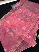 Peach pink jamdani saree with golden silver & copper jori work.