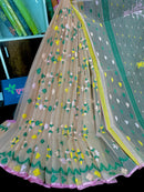 Banggi colour halfsilk jamdani saree with green yellow pink threads work
