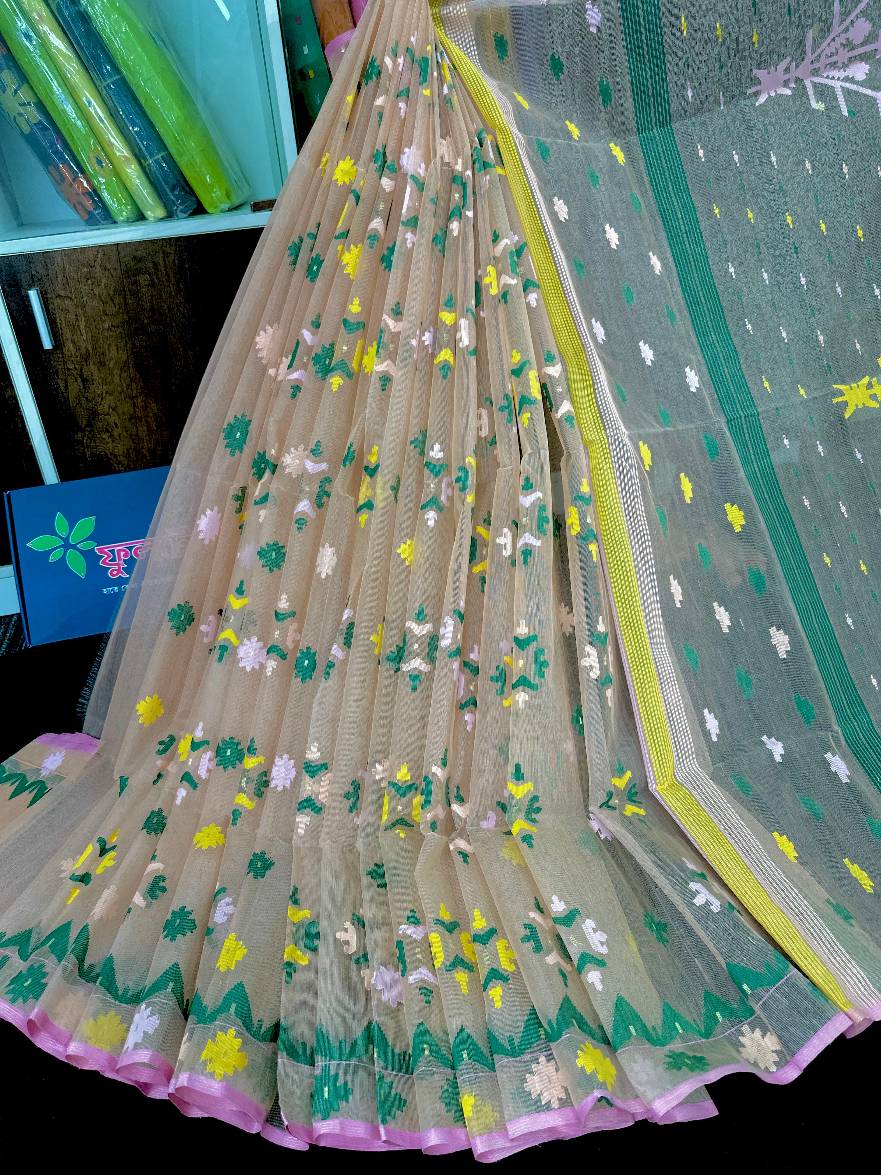 Banggi colour halfsilk jamdani saree with green yellow pink threads work