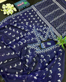 Navy blue jamdani saree with silver jori work soft threads all over work.